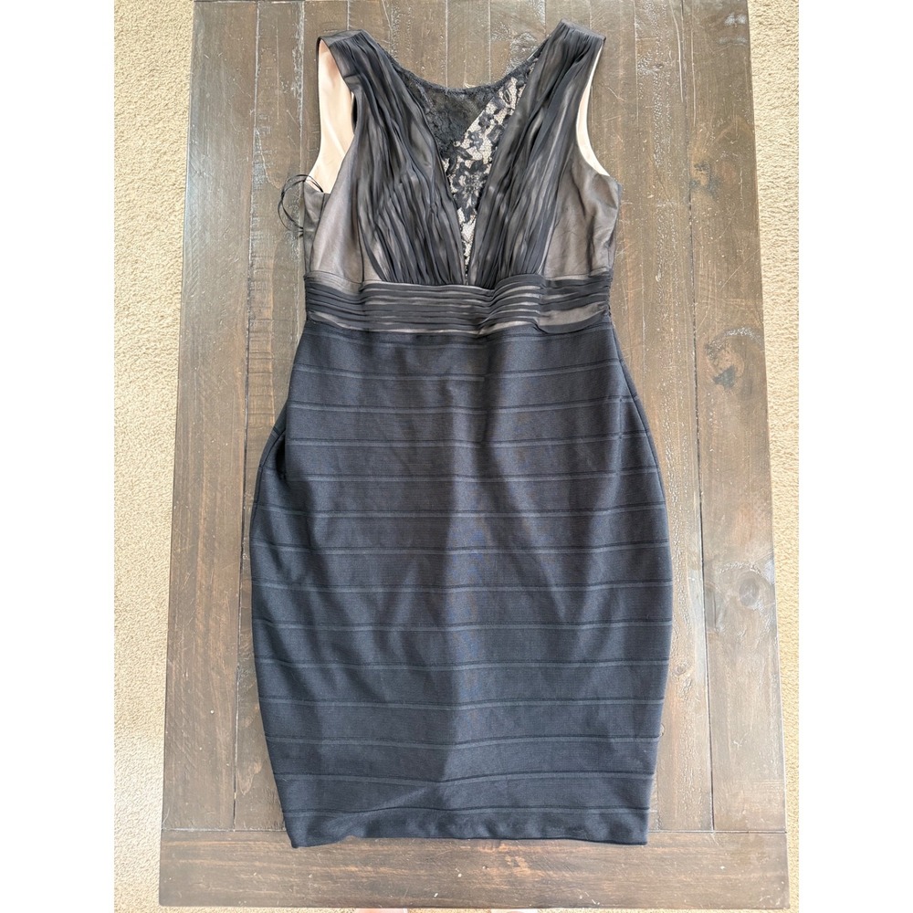 Dress Barn‎  Black Lace Chiffon Bandage Bodycon Cocktail Dress 14 RN 58011
